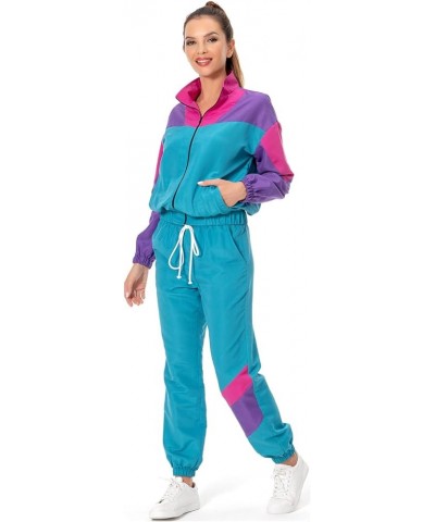 Women 80s Sportswear Set 2 Piece Outfits Casual Sweatsuits Retro Vintage Purple Tracksuit Cyan & Purple $27.83 Activewear