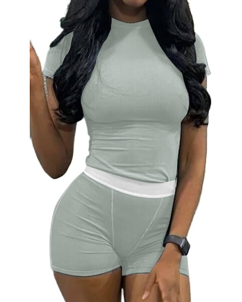 Casual Workout Two Piece Outfits for Women Fitted Crew Neck T-shirt High Waist pants Matching Sets Streetwear White Green-sho...