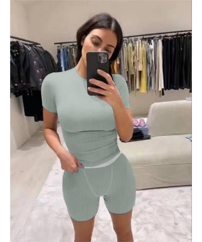 Casual Workout Two Piece Outfits for Women Fitted Crew Neck T-shirt High Waist pants Matching Sets Streetwear White Green-sho...