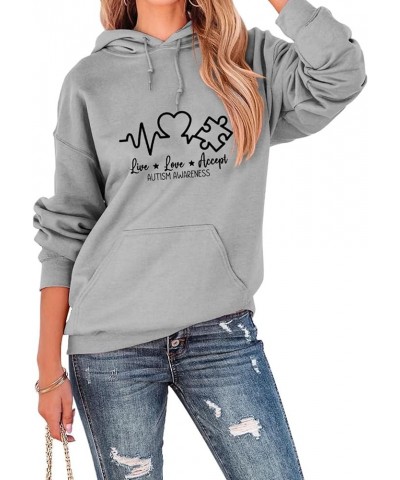 Autism Awareness Hoodie for Women Live Love Accept Letter Graphic Hooded Sweatshirt Long Sleeve Hoody Pullover Top Gray $15.1...