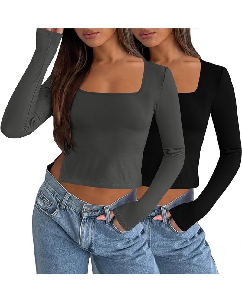 1/2 Pack Long Sleeve Square Neck Shirts for Women Basic Fitted Crop Tops Going Out Tees with Side Slits Black+deep Grey 2 Pac...