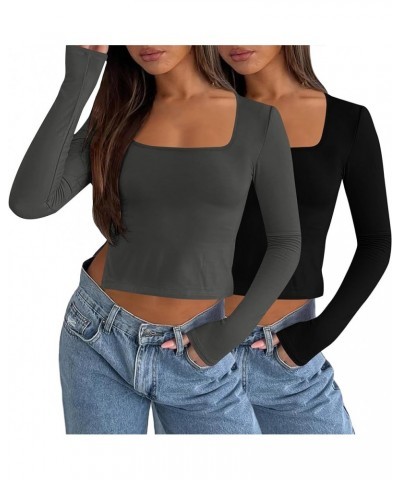 1/2 Pack Long Sleeve Square Neck Shirts for Women Basic Fitted Crop Tops Going Out Tees with Side Slits Black+deep Grey 2 Pac...