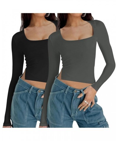 1/2 Pack Long Sleeve Square Neck Shirts for Women Basic Fitted Crop Tops Going Out Tees with Side Slits Black+deep Grey 2 Pac...