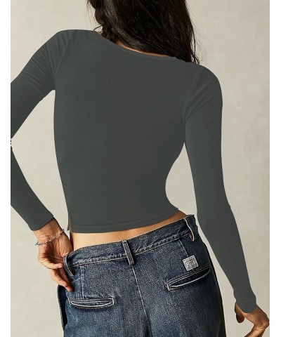 1/2 Pack Long Sleeve Square Neck Shirts for Women Basic Fitted Crop Tops Going Out Tees with Side Slits Black+deep Grey 2 Pac...