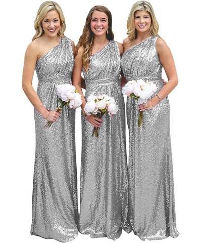 Sequin One Shoulder Bridesmaid Dresses for Women Long Formal Dresses for Women A Line Wedding Guest Dresses Silver $41.65 Dre...