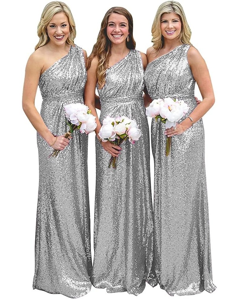 Sequin One Shoulder Bridesmaid Dresses for Women Long Formal Dresses for Women A Line Wedding Guest Dresses Silver $41.65 Dre...