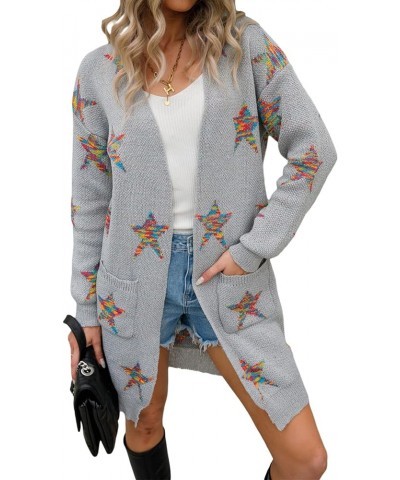 Women 's Open Front Long Sleeve Star Print Knitted Chunky Cardigan Sweater with Pockets Gray $12.15 Sweaters