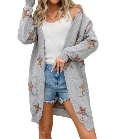 Women 's Open Front Long Sleeve Star Print Knitted Chunky Cardigan Sweater with Pockets Gray $12.15 Sweaters