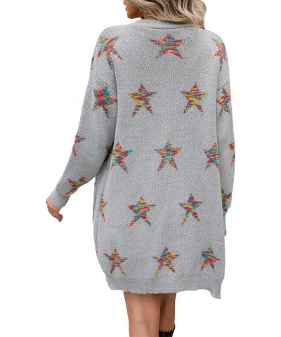 Women 's Open Front Long Sleeve Star Print Knitted Chunky Cardigan Sweater with Pockets Gray $12.15 Sweaters