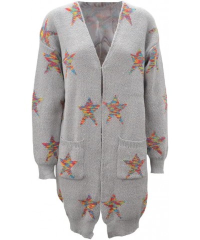 Women 's Open Front Long Sleeve Star Print Knitted Chunky Cardigan Sweater with Pockets Gray $12.15 Sweaters