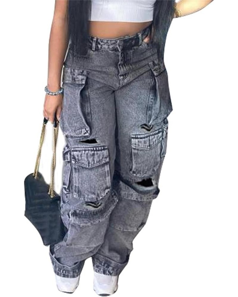 Women's Cargo Jeans High Waisted Loose Wide Leg Y2K Baggy Denim Cargo Pants with Flap Pockets 01-black $22.96 Jeans