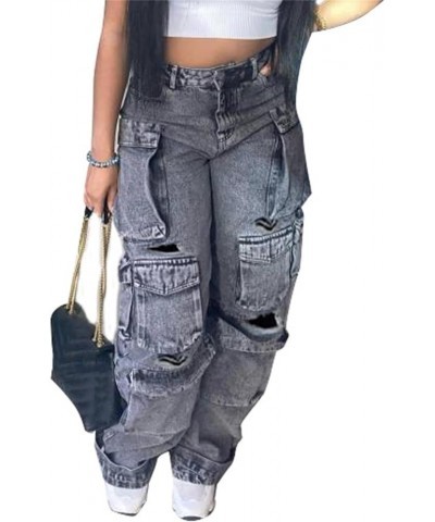 Women's Cargo Jeans High Waisted Loose Wide Leg Y2K Baggy Denim Cargo Pants with Flap Pockets 01-black $22.96 Jeans