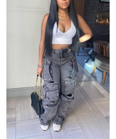 Women's Cargo Jeans High Waisted Loose Wide Leg Y2K Baggy Denim Cargo Pants with Flap Pockets 01-black $22.96 Jeans