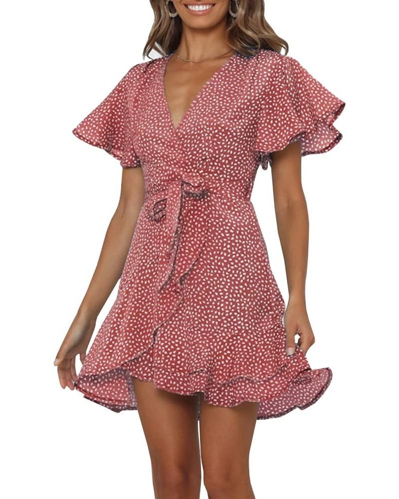 Womens Polka Dot Wrap V Neck Mini Dress Summer Beach Ruffles Hem Short Dresses with Belt 1-bean Red $15.97 Dresses