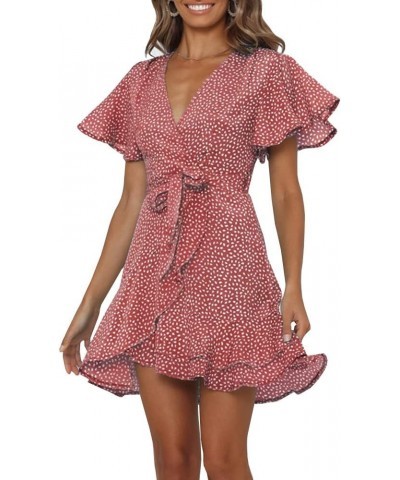 Womens Polka Dot Wrap V Neck Mini Dress Summer Beach Ruffles Hem Short Dresses with Belt 1-bean Red $15.97 Dresses