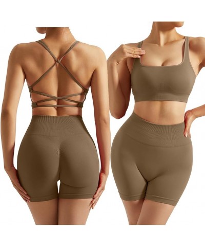 Women Seamless Workout Sets Backless Sport Bra High Waisted Booty Shorts Outfits 066-dark Coffee $10.35 Activewear