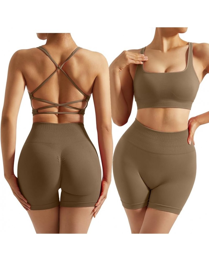 Women Seamless Workout Sets Backless Sport Bra High Waisted Booty Shorts Outfits 066-dark Coffee $10.35 Activewear