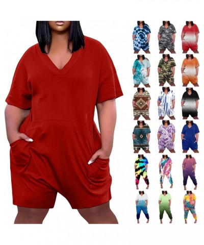 Plus Size Jumpsuits for Women Casual Baggy Romper Elegant V-Neck Short Sleeve Long/Short Pants Overall with Pocket 01blue $9....