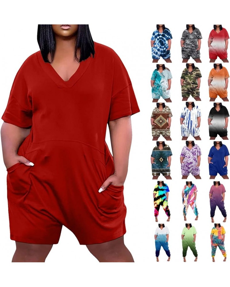 Plus Size Jumpsuits for Women Casual Baggy Romper Elegant V-Neck Short Sleeve Long/Short Pants Overall with Pocket 01blue $9....