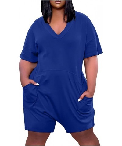 Plus Size Jumpsuits for Women Casual Baggy Romper Elegant V-Neck Short Sleeve Long/Short Pants Overall with Pocket 01blue $9....