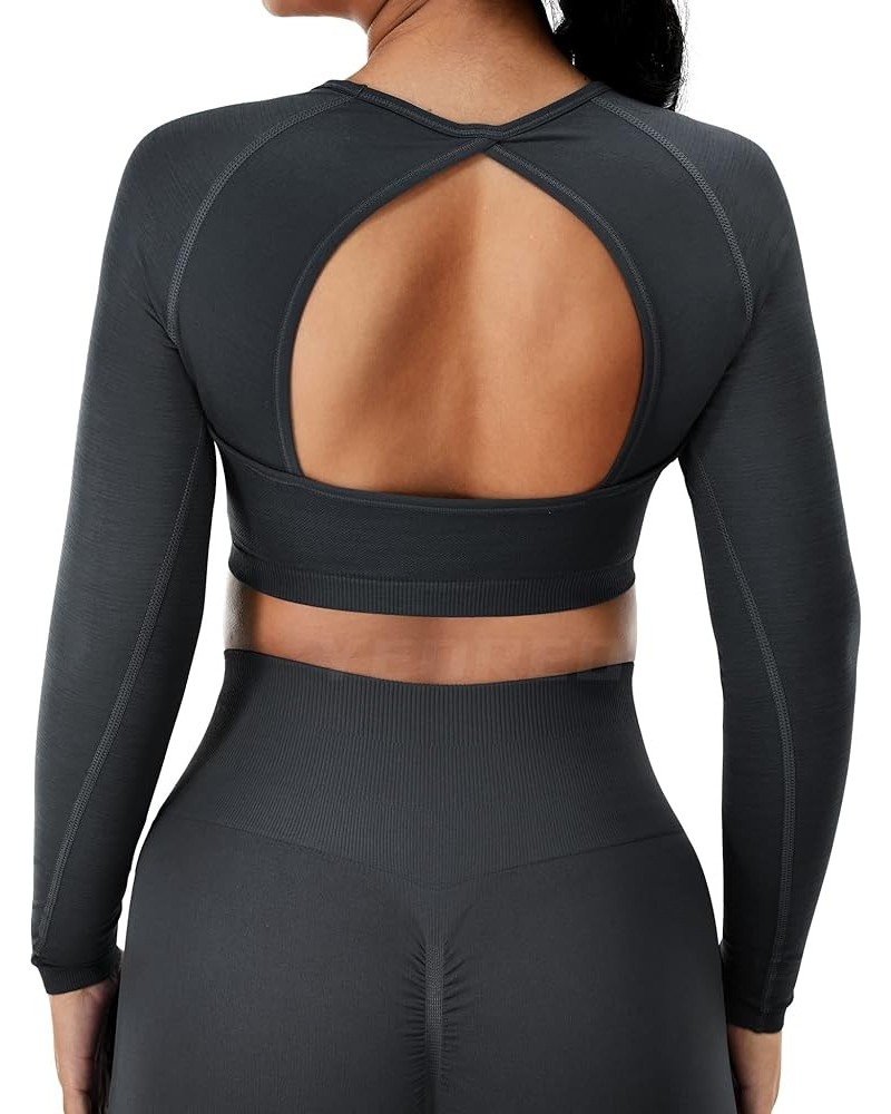 Amplify Seamless Long Sleeve Crop Gym Shirts for Women Workout Yoga Tops 01 Coal（open Bakc Design） $13.95 Activewear