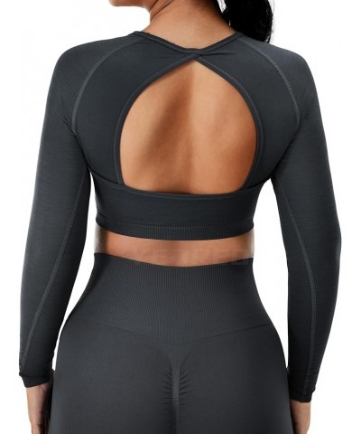 Amplify Seamless Long Sleeve Crop Gym Shirts for Women Workout Yoga Tops 01 Coal（open Bakc Design） $13.95 Activewear