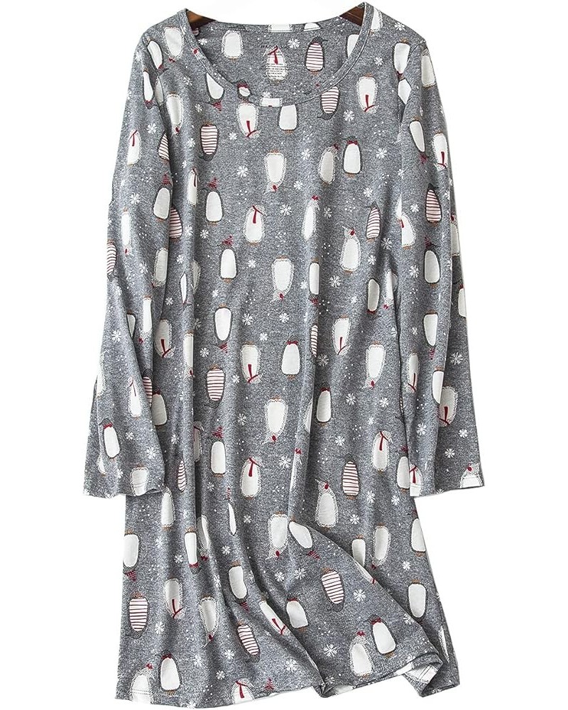 Women's Cotton Nightgowns Long Sleeve Above Knee Vivid Print Nighties Sleepshirts Dress Sleepwear Autumn Winter Grey Penguin ...