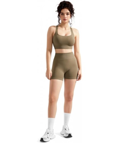 Women Seamless Workout Sets Backless Sport Bra High Waisted Booty Shorts Outfits 066-dark Coffee $10.35 Activewear