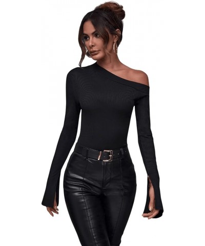 Women's Long Split Sleeve Top Asymmetrical Neck Slim Fit Tee Shirt Black $9.59 T-Shirts