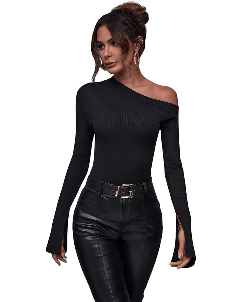 Women's Long Split Sleeve Top Asymmetrical Neck Slim Fit Tee Shirt Black $9.59 T-Shirts