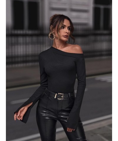 Women's Long Split Sleeve Top Asymmetrical Neck Slim Fit Tee Shirt Black $9.59 T-Shirts