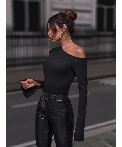 Women's Long Split Sleeve Top Asymmetrical Neck Slim Fit Tee Shirt Black $9.59 T-Shirts