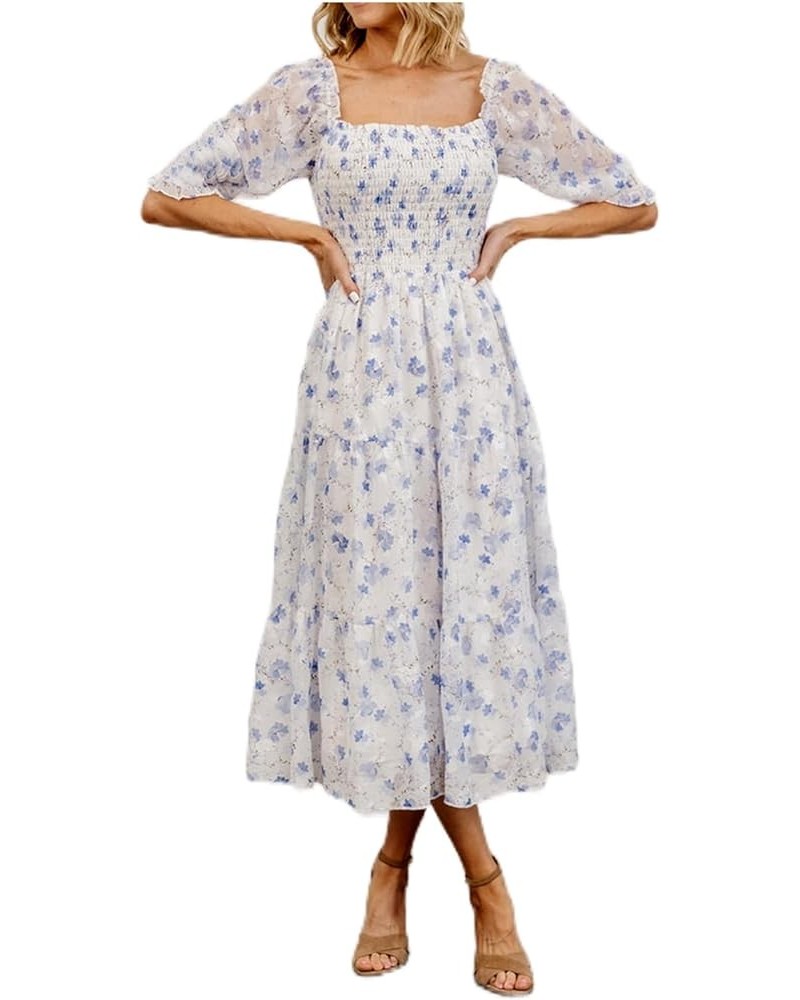 Women's Summer Boho Smocked Flowy Dress Aa-floral Blue White $25.96 Dresses