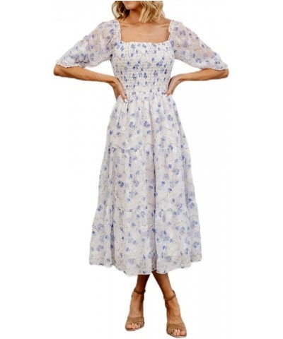 Women's Summer Boho Smocked Flowy Dress Aa-floral Blue White $25.96 Dresses