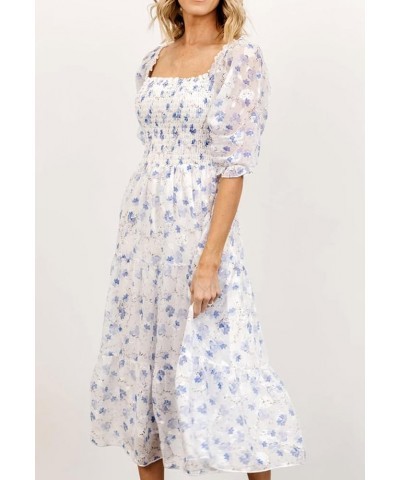 Women's Summer Boho Smocked Flowy Dress Aa-floral Blue White $25.96 Dresses