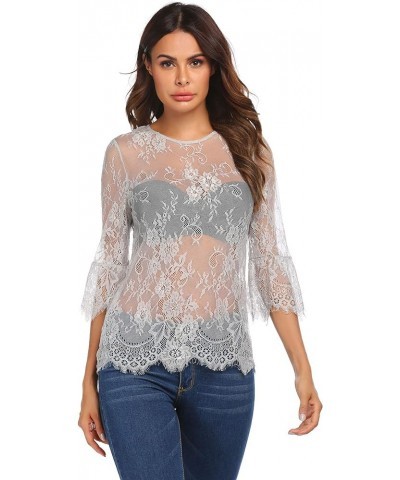 Women Casual Scalloped Trim Half Bell Sleeve Sheer Floral Lace Blouse Light Gray $12.99 Blouses