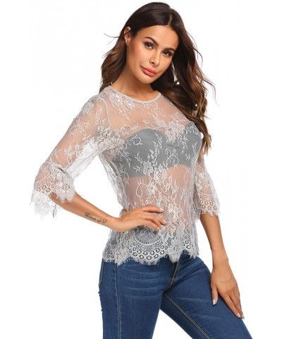 Women Casual Scalloped Trim Half Bell Sleeve Sheer Floral Lace Blouse Light Gray $12.99 Blouses