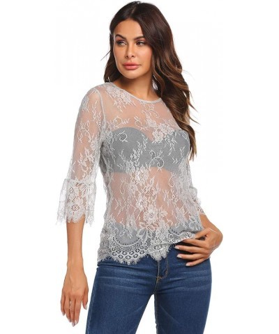 Women Casual Scalloped Trim Half Bell Sleeve Sheer Floral Lace Blouse Light Gray $12.99 Blouses