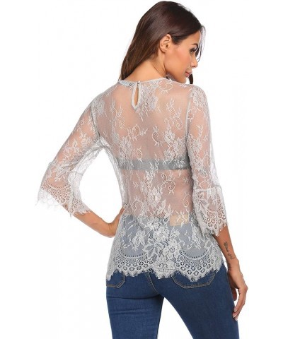 Women Casual Scalloped Trim Half Bell Sleeve Sheer Floral Lace Blouse Light Gray $12.99 Blouses