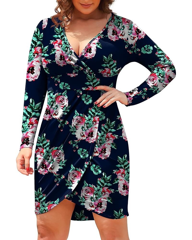 Womens Plus Size Short Long Sleeve Deep V Neck Bodycon Wrap Dresses with Front Slit Navy Blue Flower $10.59 Dresses