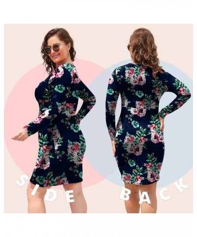 Womens Plus Size Short Long Sleeve Deep V Neck Bodycon Wrap Dresses with Front Slit Navy Blue Flower $10.59 Dresses