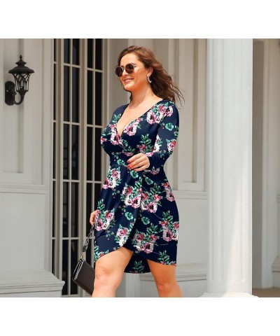 Womens Plus Size Short Long Sleeve Deep V Neck Bodycon Wrap Dresses with Front Slit Navy Blue Flower $10.59 Dresses