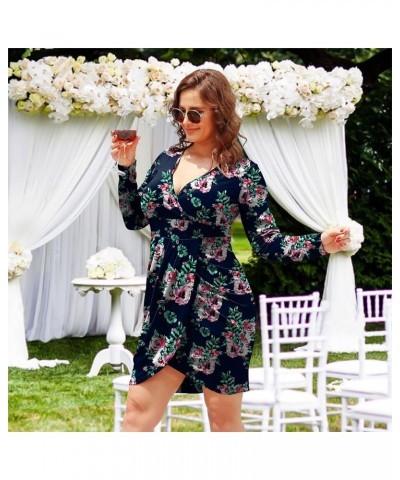 Womens Plus Size Short Long Sleeve Deep V Neck Bodycon Wrap Dresses with Front Slit Navy Blue Flower $10.59 Dresses