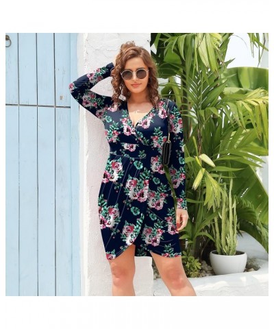 Womens Plus Size Short Long Sleeve Deep V Neck Bodycon Wrap Dresses with Front Slit Navy Blue Flower $10.59 Dresses