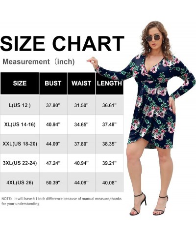 Womens Plus Size Short Long Sleeve Deep V Neck Bodycon Wrap Dresses with Front Slit Navy Blue Flower $10.59 Dresses