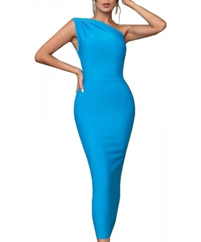 Women's Sexy Elegant One Shoulder 3/4 Sleeve Cocktail Party Ruched Midi Dress 5627 Blue $16.27 Dresses