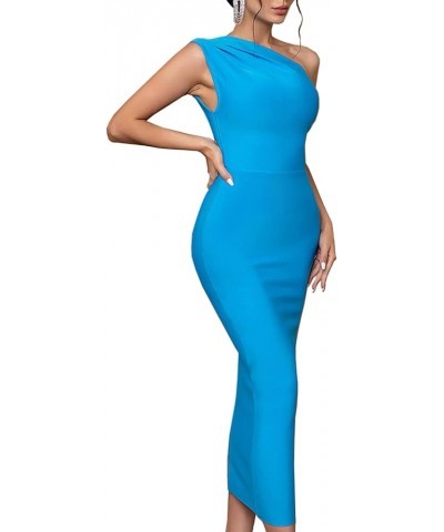 Women's Sexy Elegant One Shoulder 3/4 Sleeve Cocktail Party Ruched Midi Dress 5627 Blue $16.27 Dresses