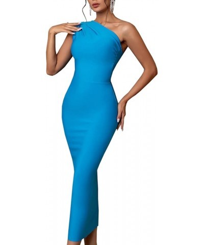 Women's Sexy Elegant One Shoulder 3/4 Sleeve Cocktail Party Ruched Midi Dress 5627 Blue $16.27 Dresses