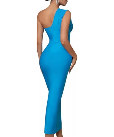 Women's Sexy Elegant One Shoulder 3/4 Sleeve Cocktail Party Ruched Midi Dress 5627 Blue $16.27 Dresses