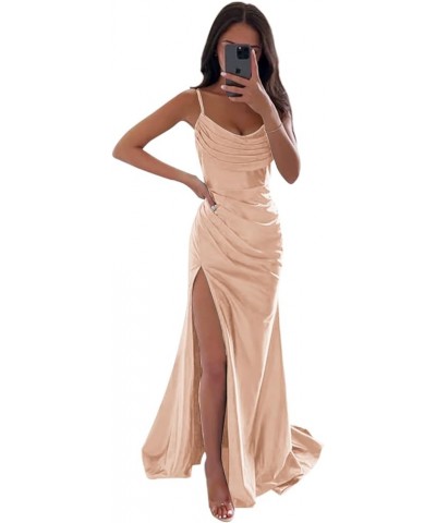 Women's Satin Prom Dress Long with Slit Ruched Mermaid Evening Gowns Formal Dress Peach $38.42 Dresses